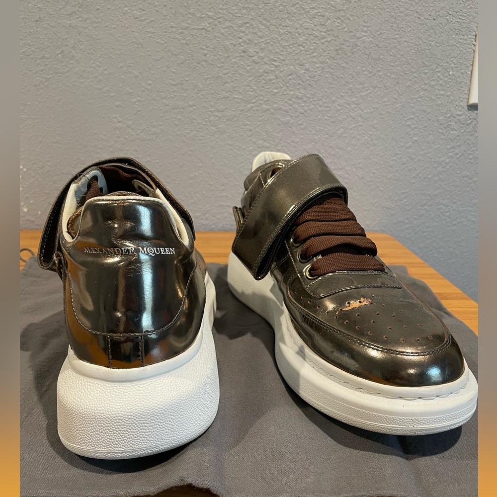 Very used Alexander McQueen Bronze Oversized Strap High-Top Sneakers
